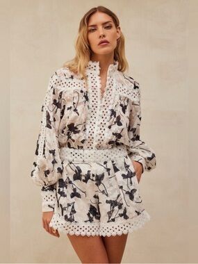 LUXXEL Floral Eyelet Lace Two-Piece Set in Ivory and Black